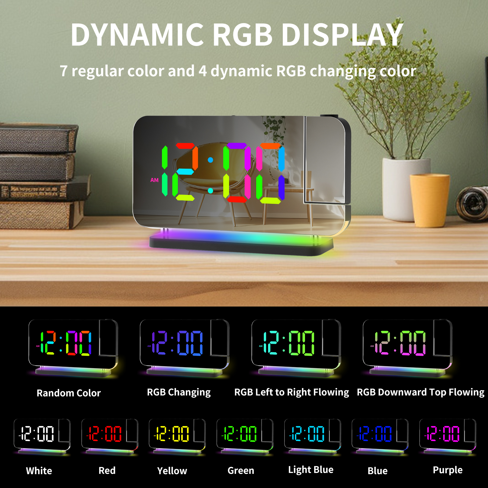 AGSIVOLEDRGBProjectionDigitalAlarmClockwithMirrorSurface10ColorNightLightBrightnessAdjustable1224HFo-1998400-5