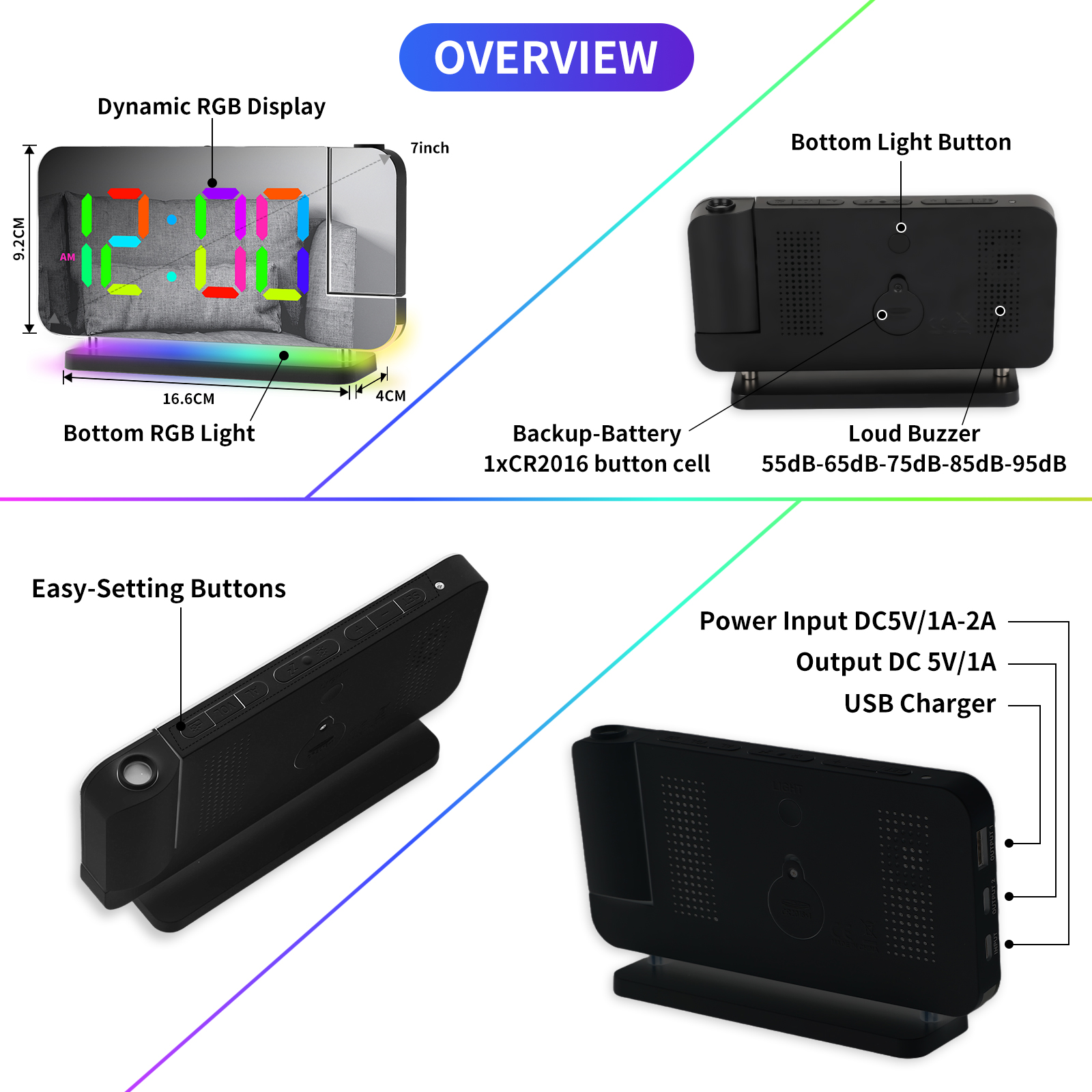 AGSIVOLEDRGBProjectionDigitalAlarmClockwithMirrorSurface10ColorNightLightBrightnessAdjustable1224HFo-1998400-9