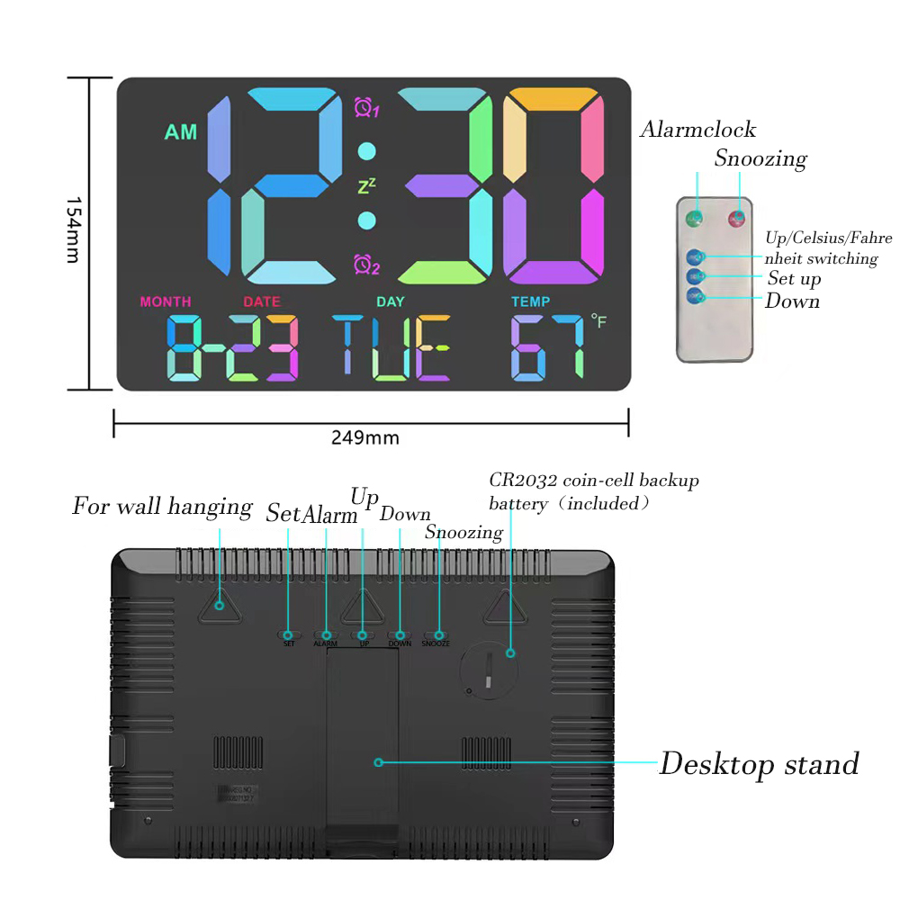 AGSIVOLargeRainbowLEDDigitalAlarmClockWallClockwithRemoteControlCalendarTemperatureSnoozeDimmingBrig-1998675-5