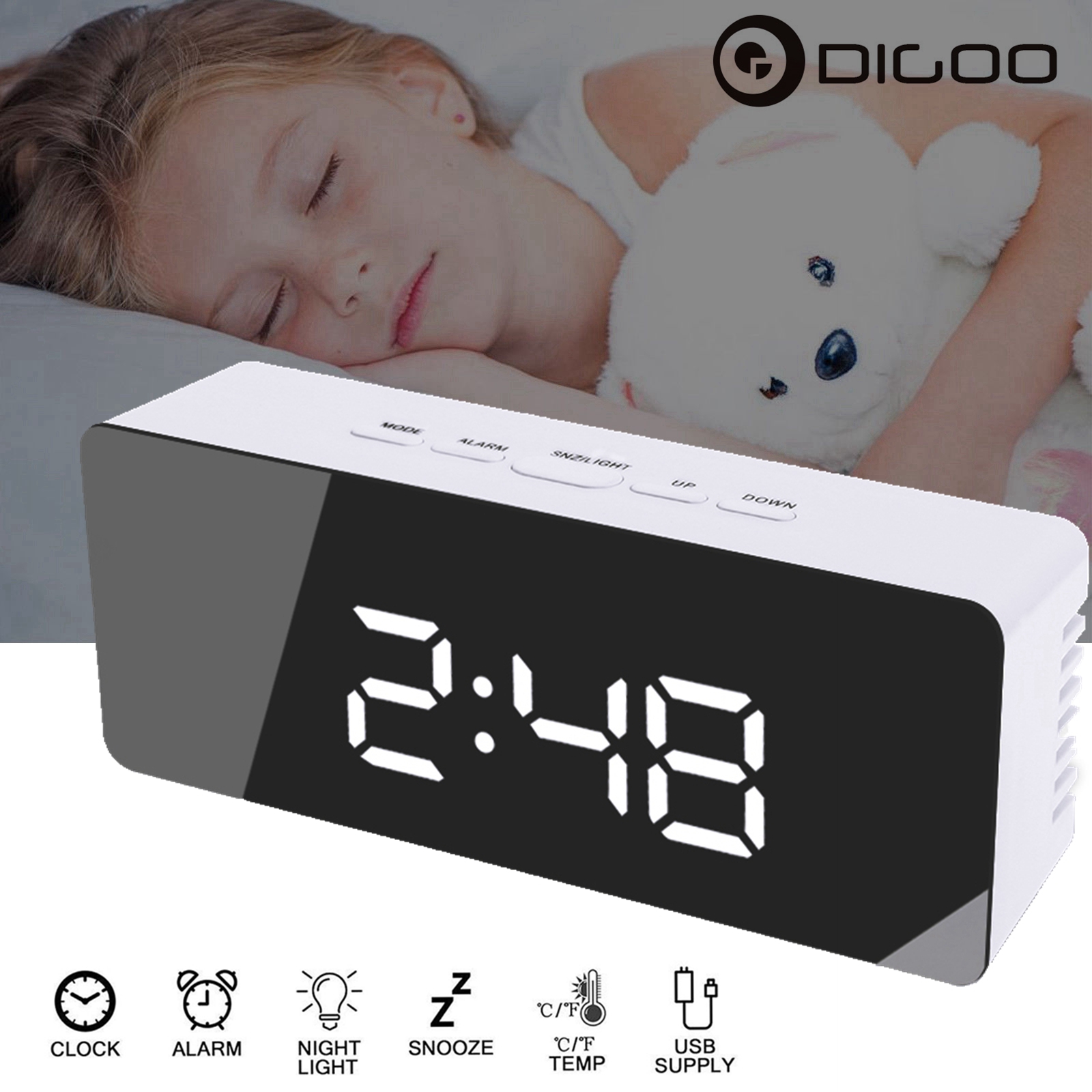 DigooWirelessUSBMirrorAlarmClockLEDDigitalTherometerTemperatureNightModeBlackDG-DM1-1981188-2