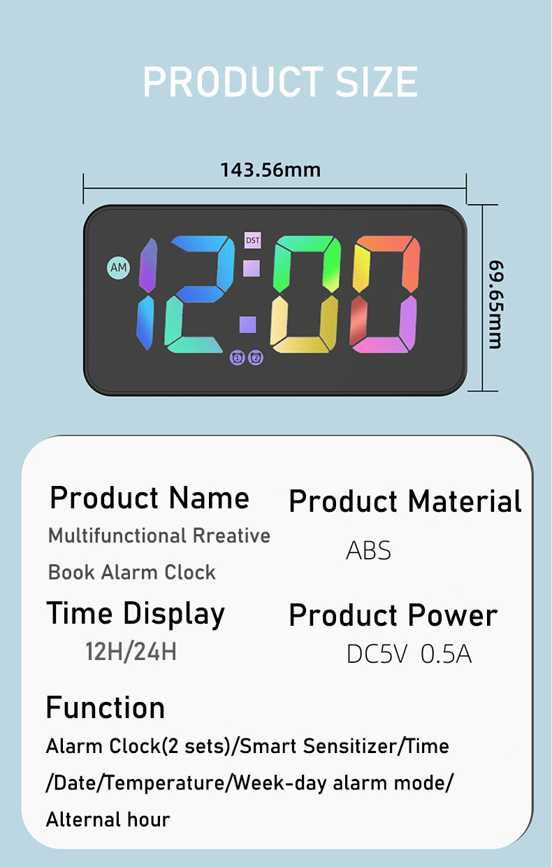 Mlti-functionCreativeBookAmbientLightRGBDigitalAlarmClockVoiceControlSenorSnoozeFunctionTemperatureD-2006072-10