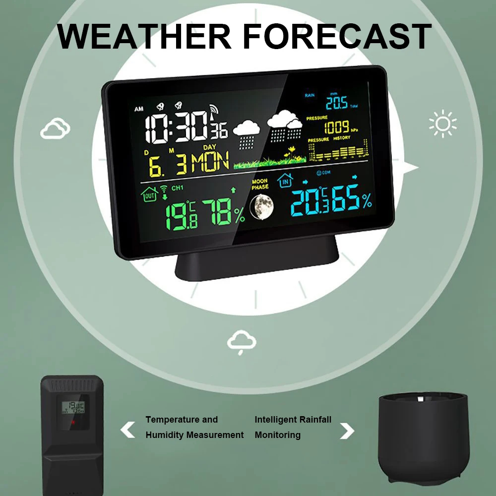 Multi-functionProfessionalWeatherStationAlarmClockWirelessIndoorOutdoorThermometerWithRainGaugeTempe-2002884-6