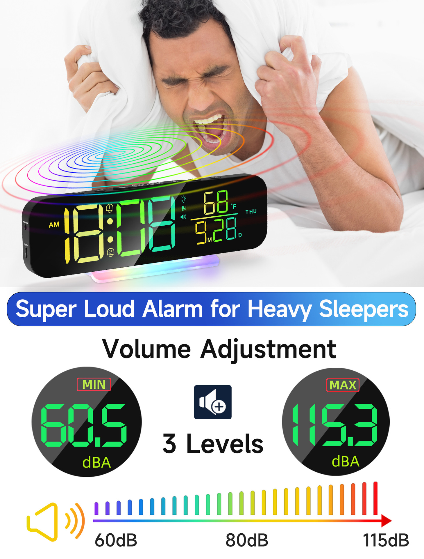 SuperLoudVibratingAlarmClockwithVibratorBedShakerforHeavySleeperandColorfulRGBLEDNightLightforHomeDe-2007141-4