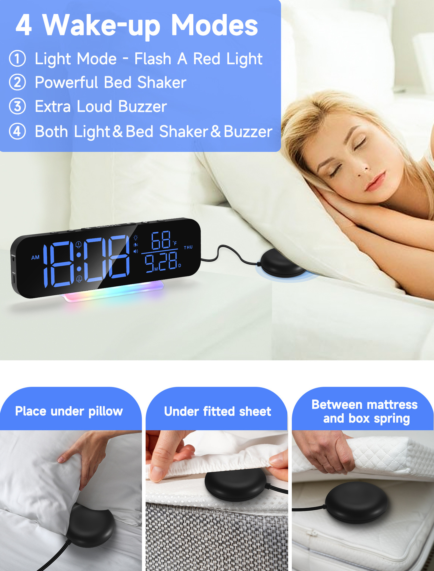 SuperLoudVibratingAlarmClockwithVibratorBedShakerforHeavySleeperandColorfulRGBLEDNightLightforHomeDe-2007141-5