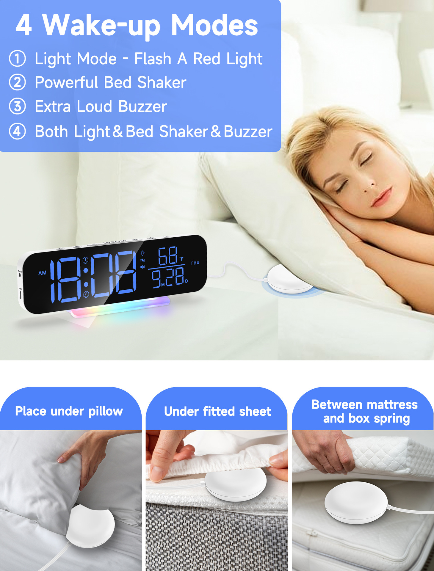 SuperLoudVibratingAlarmClockwithVibratorBedShakerforHeavySleeperandColorfulRGBLEDNightLightforHomeDe-2007141-7