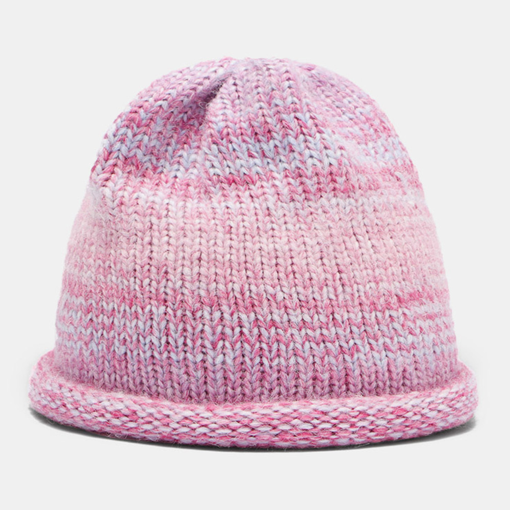 WomenMixedColorKnittedTie-dyeGradientColorVintageFashionWarmthBrimlessBeanieHat-1924621-1