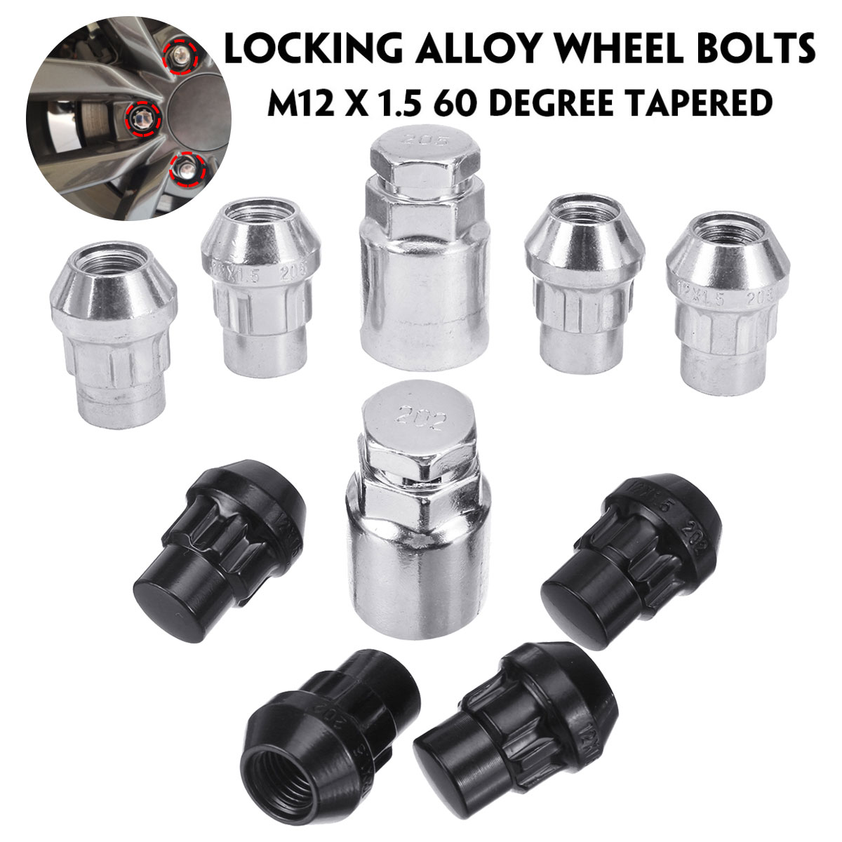 4PcsM12x15WheelLocksLockingNutsTaperedSeatIncKeyForFordFocusFiest-1673843-1