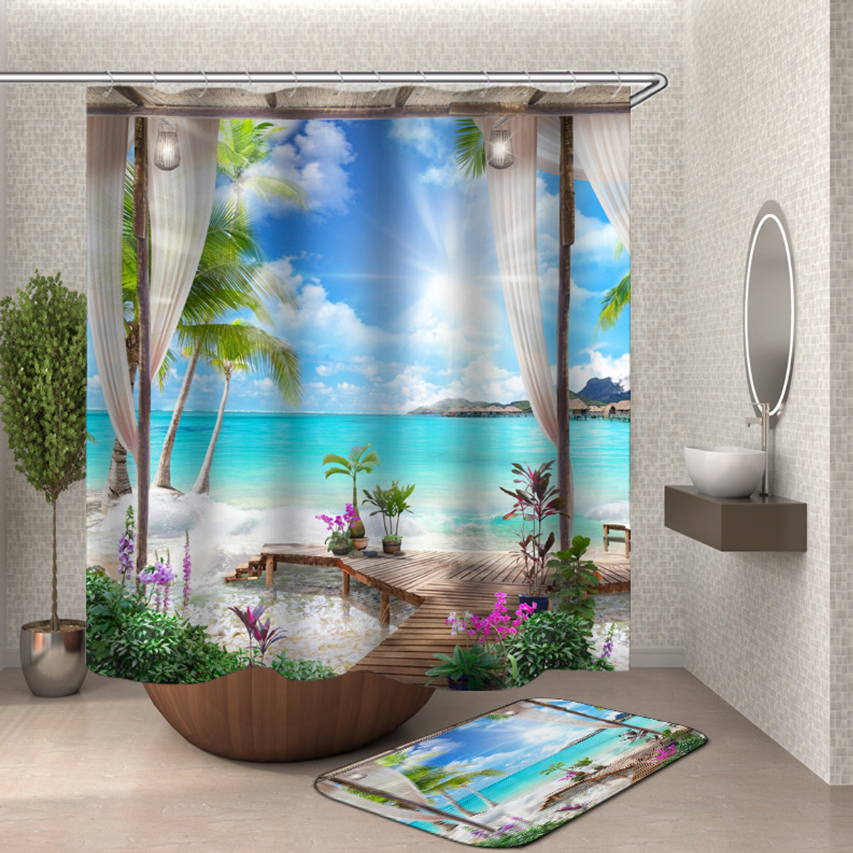 13PcsShowerCurtainSetBayPrintingToiletCoverMatBathroomNon-SlipMat-1795987-4