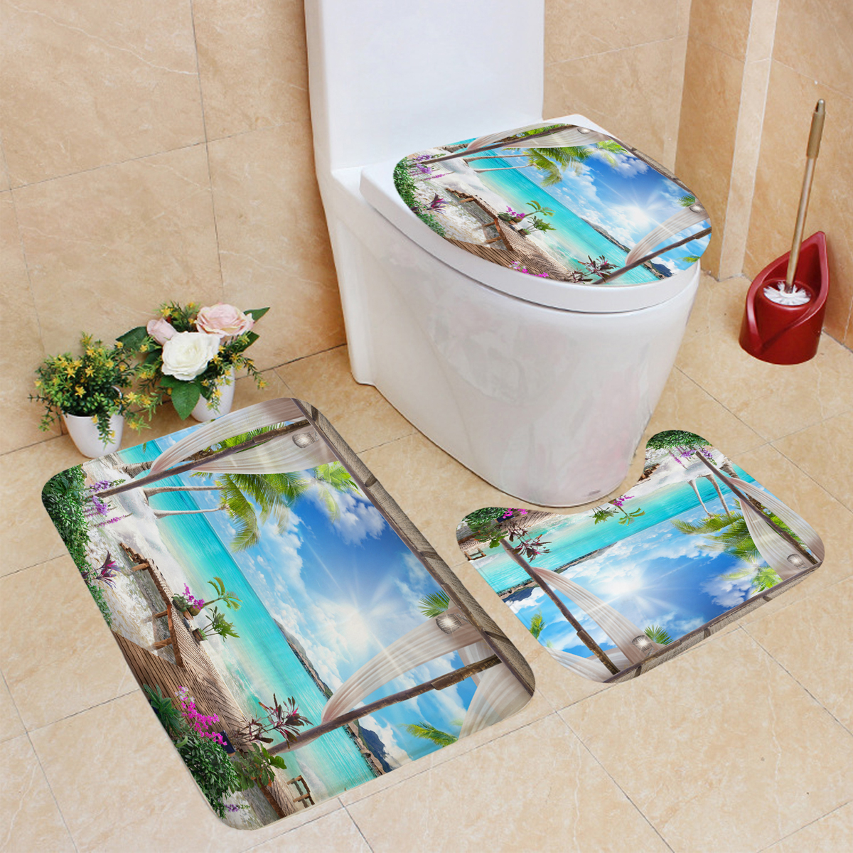 13PcsShowerCurtainSetBayPrintingToiletCoverMatBathroomNon-SlipMat-1795987-5