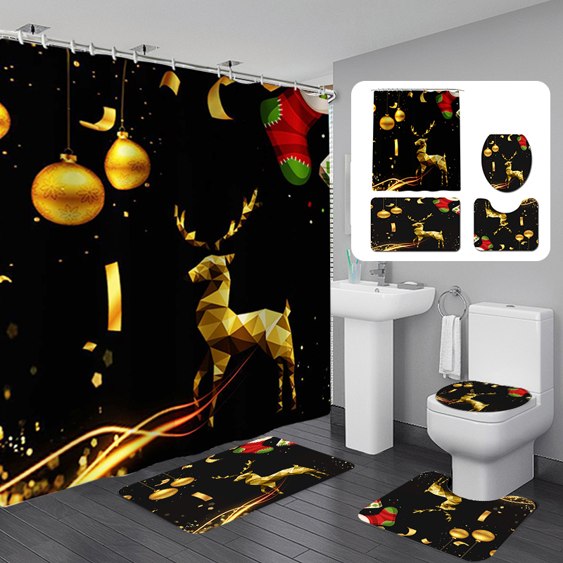 180x180WaterproofChristmasElkShowerCurtainSetNon-slipBathMatToiletLidCoverFloorMatSet-1924770-1