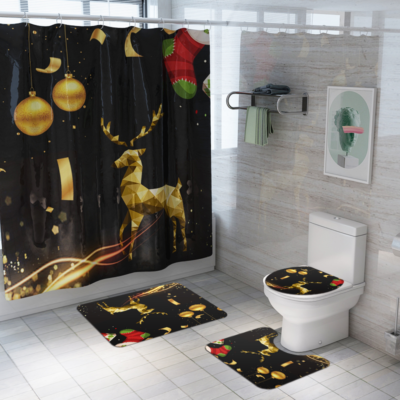 180x180WaterproofChristmasElkShowerCurtainSetNon-slipBathMatToiletLidCoverFloorMatSet-1924770-2