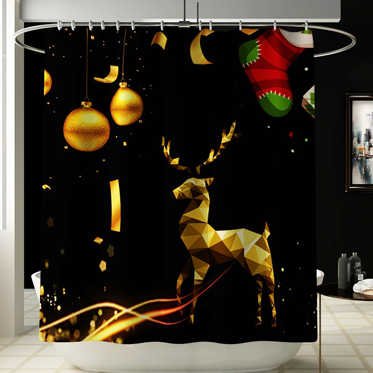 180x180WaterproofChristmasElkShowerCurtainSetNon-slipBathMatToiletLidCoverFloorMatSet-1924770-5