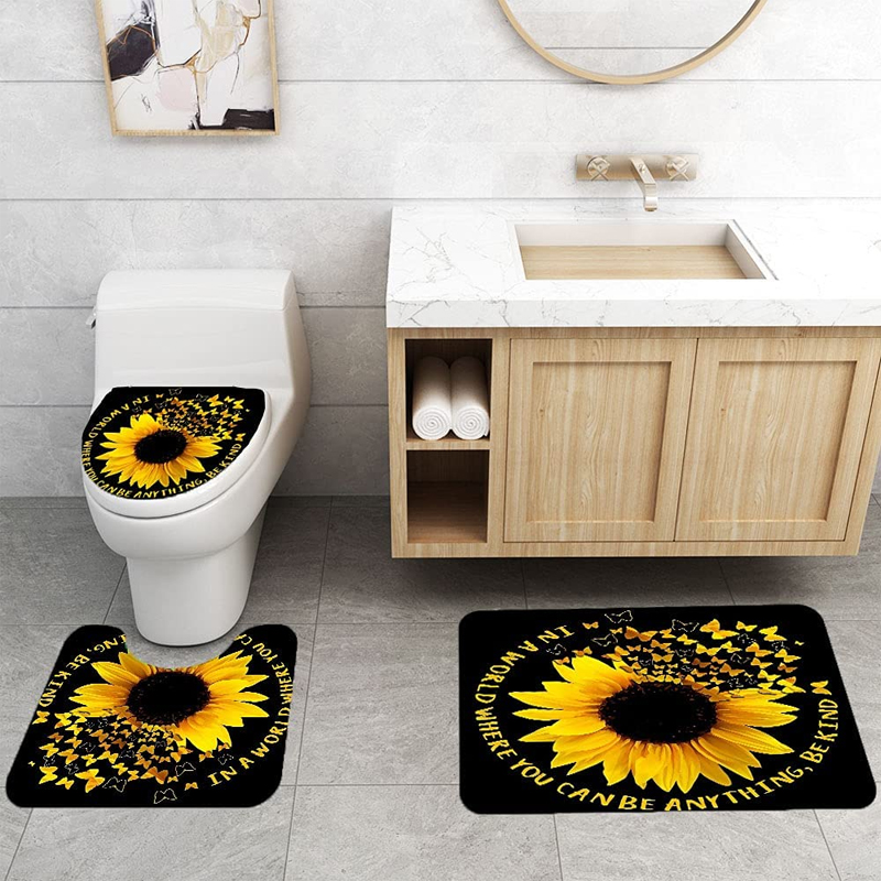 4PCSSunflowerPrintingWaterproofShwoerCurtainSetAnti-slipDustproofBathToiletSeatCoverLidFloorMatSet-1927263-2