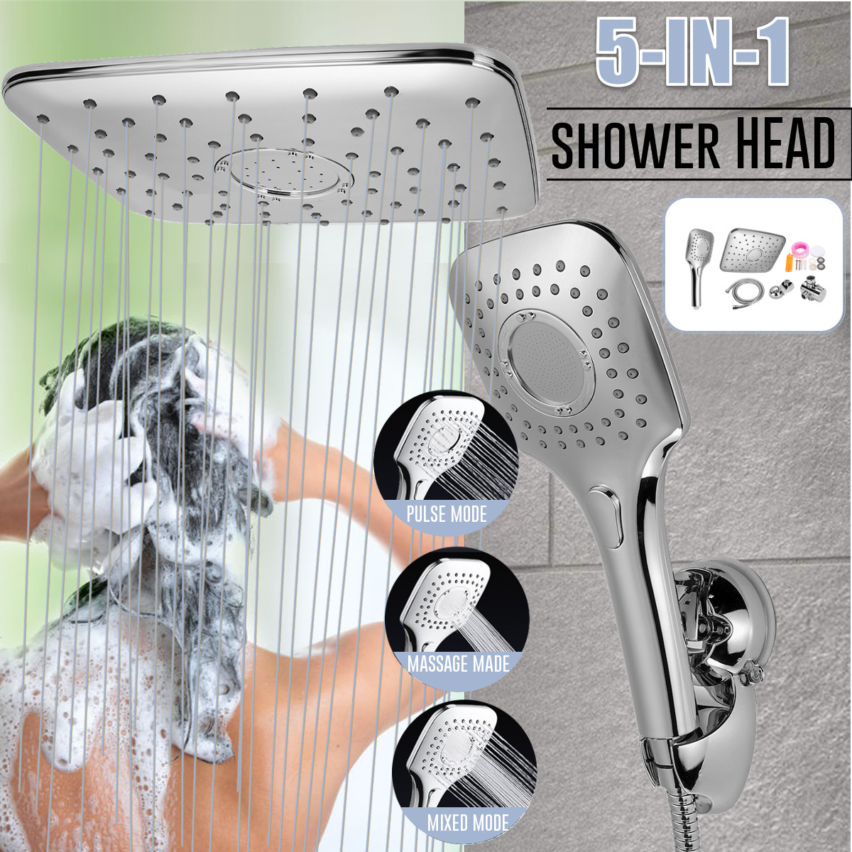 5-in-1RainfallHandheldShowerHeadCombo3LevelAdjustableDualSquareHose-1825049-1