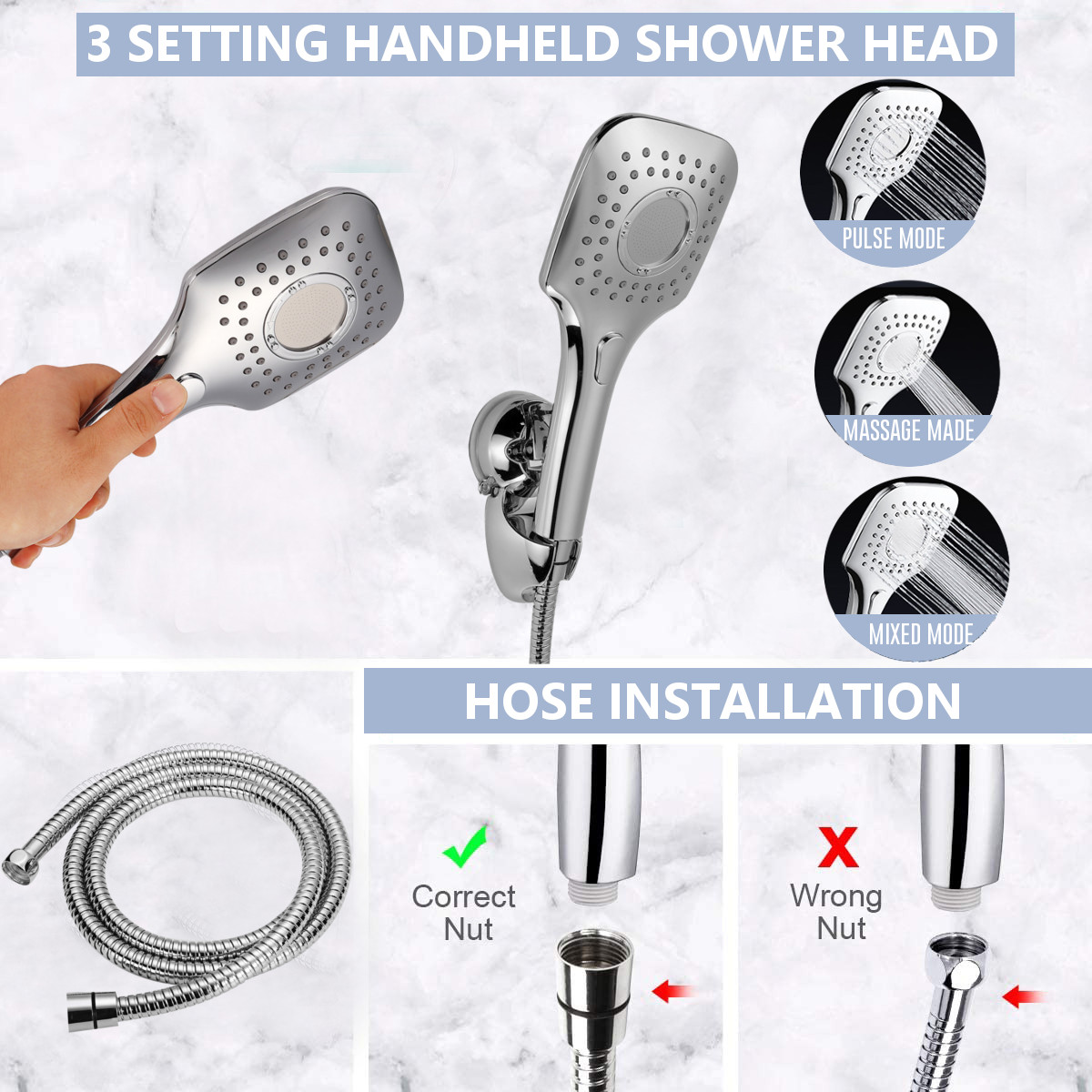 5-in-1RainfallHandheldShowerHeadCombo3LevelAdjustableDualSquareHose-1825049-3