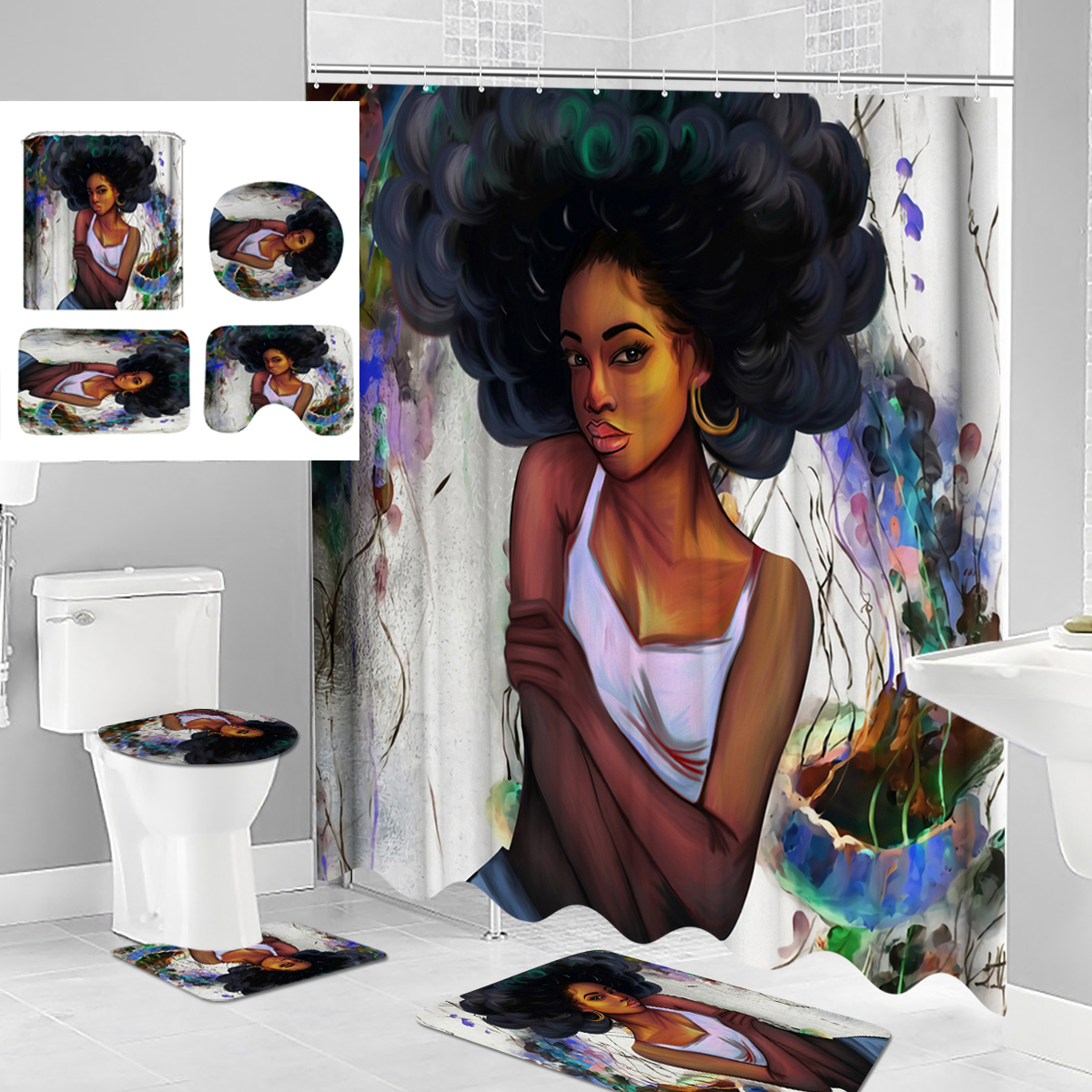 AfricanGirlShowerCurtainFabricBathroomCurtainsSetNon-slipBathMatToiletPadCarpetforBathroomDecor-1838137-1