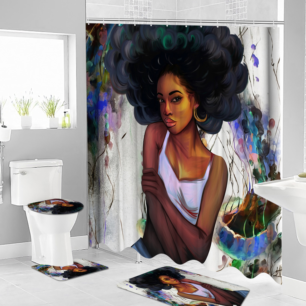 AfricanGirlShowerCurtainFabricBathroomCurtainsSetNon-slipBathMatToiletPadCarpetforBathroomDecor-1838137-11