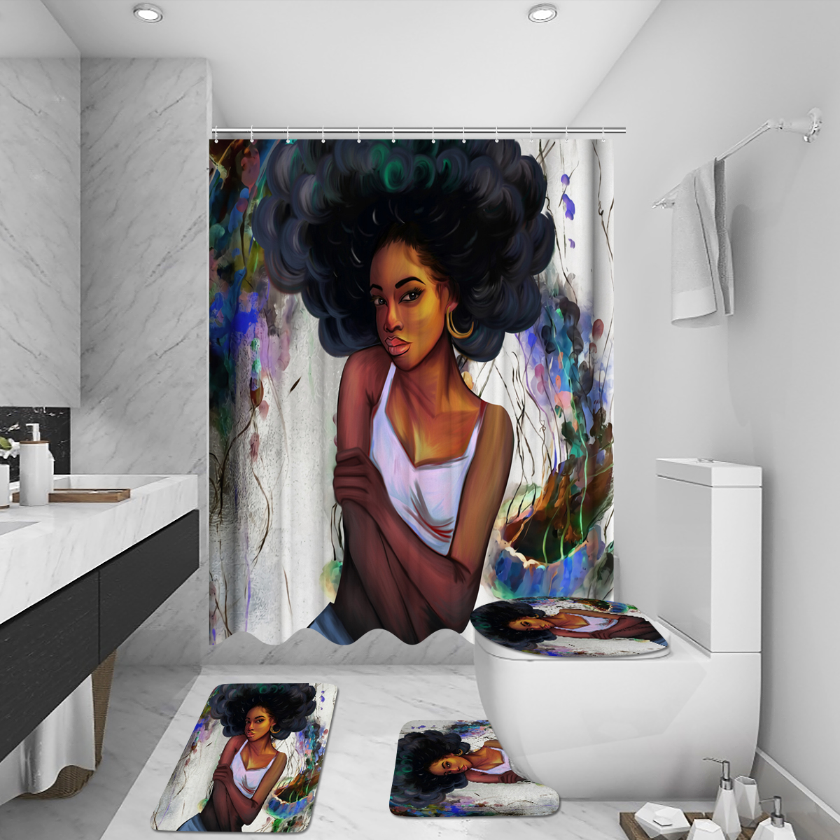 AfricanGirlShowerCurtainFabricBathroomCurtainsSetNon-slipBathMatToiletPadCarpetforBathroomDecor-1838137-10