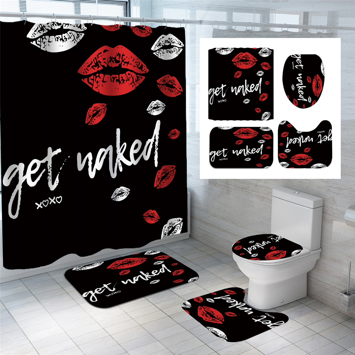 RedFunnyMouthBathroomShowerCurtianSetWaterproofToiletLidCoverPedestalRugNon-slipBathMatSet-1887836-1