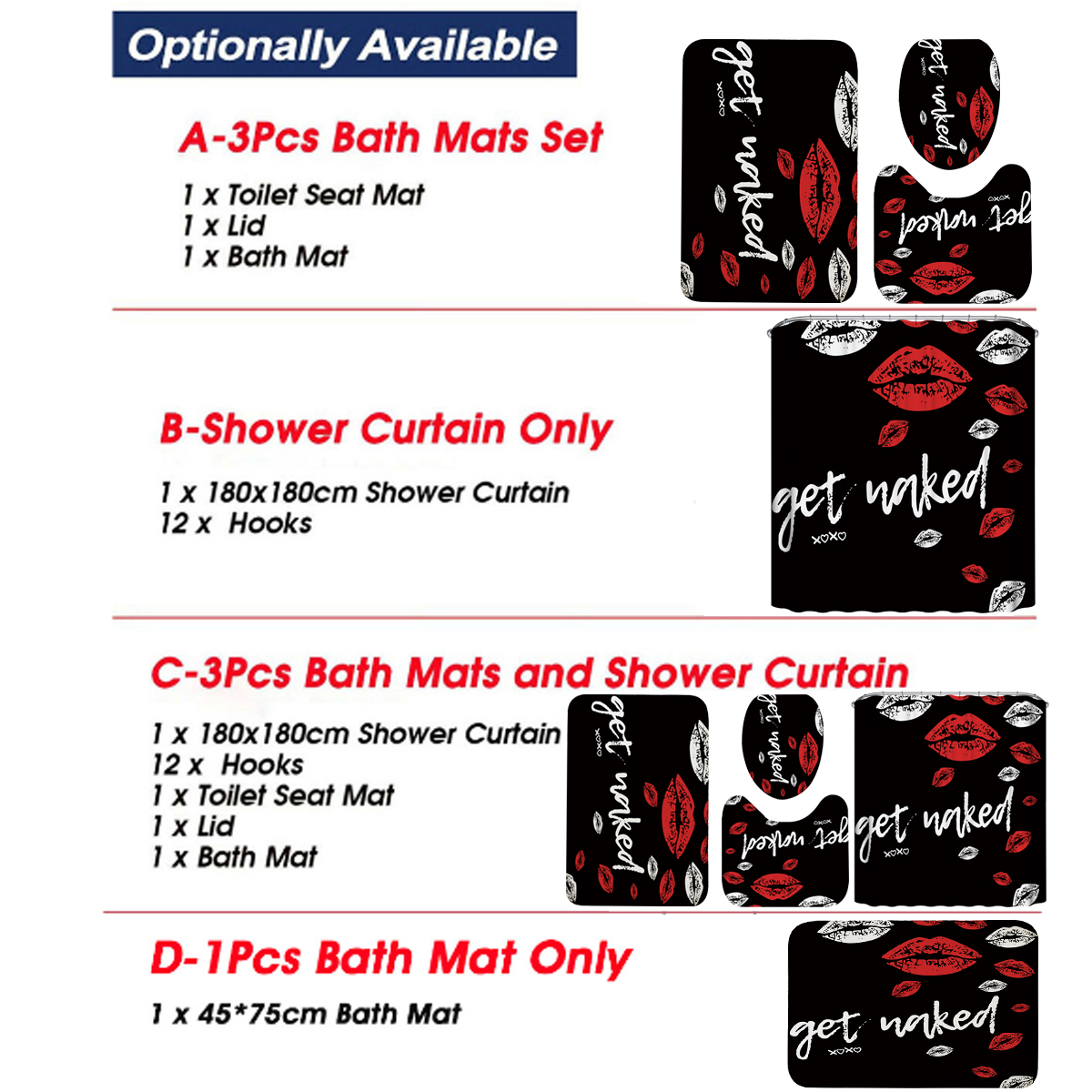 RedFunnyMouthBathroomShowerCurtianSetWaterproofToiletLidCoverPedestalRugNon-slipBathMatSet-1887836-18