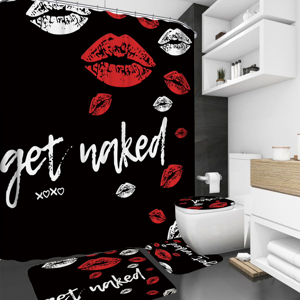 RedFunnyMouthBathroomShowerCurtianSetWaterproofToiletLidCoverPedestalRugNon-slipBathMatSet-1887836-4