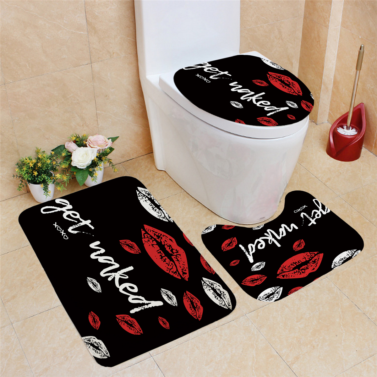 RedFunnyMouthBathroomShowerCurtianSetWaterproofToiletLidCoverPedestalRugNon-slipBathMatSet-1887836-5