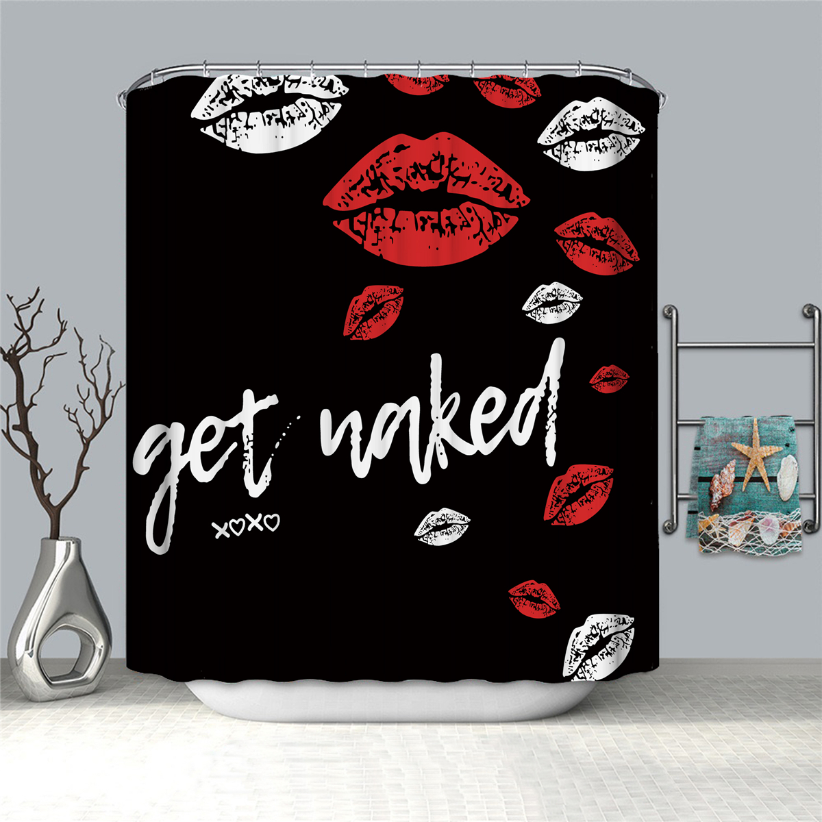 RedFunnyMouthBathroomShowerCurtianSetWaterproofToiletLidCoverPedestalRugNon-slipBathMatSet-1887836-6