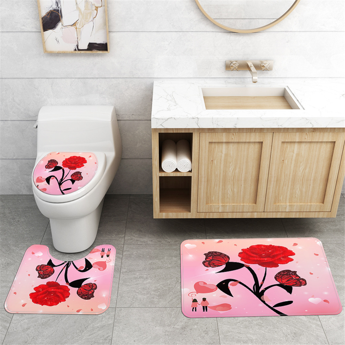 RoseFlowerWaterproofShowerCurtainNon-SlipRugToiletCoverBathMatDecor-1821912-5