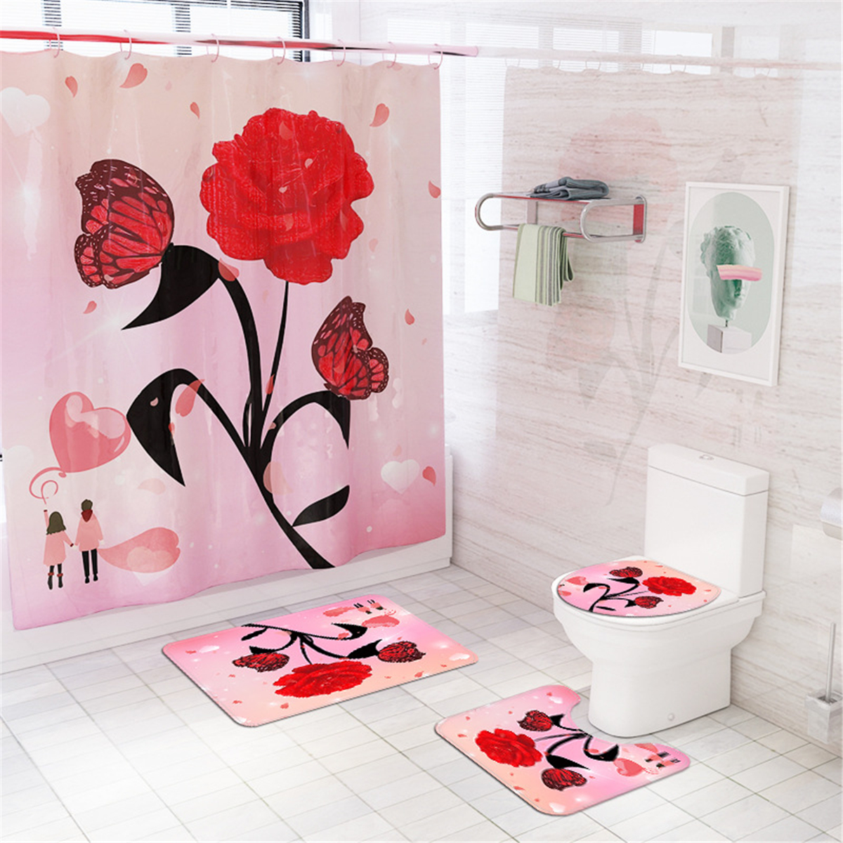 RoseFlowerWaterproofShowerCurtainNon-SlipRugToiletCoverBathMatDecor-1821912-6