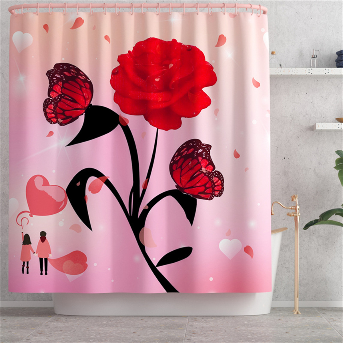 RoseFlowerWaterproofShowerCurtainNon-SlipRugToiletCoverBathMatDecor-1821912-7