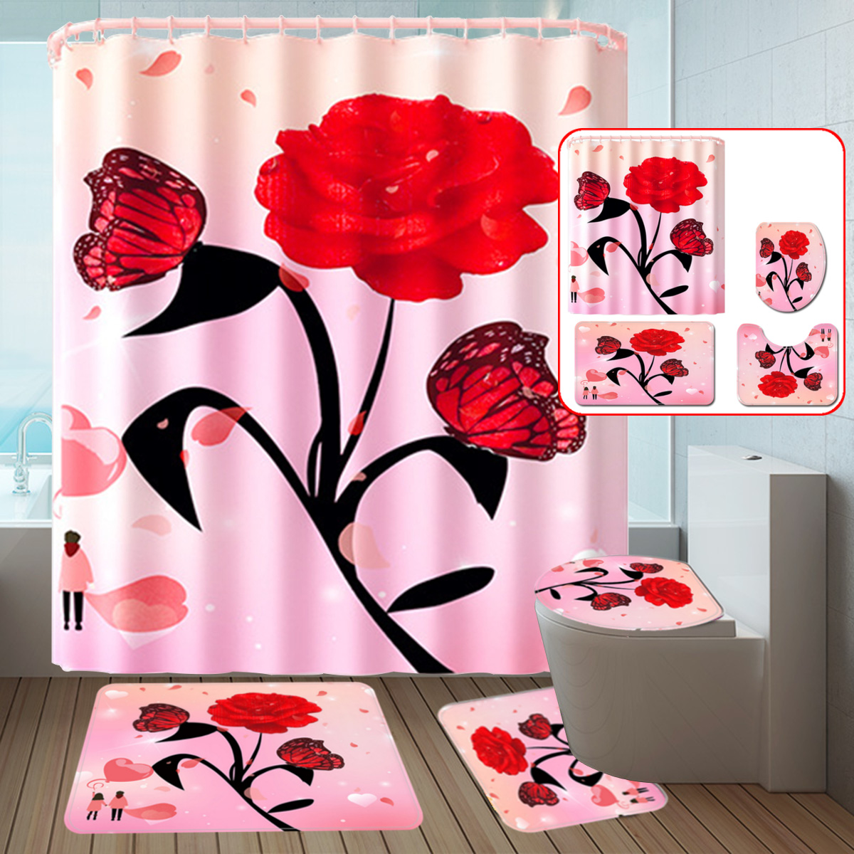 RoseFlowerWaterproofShowerCurtainNon-SlipRugToiletCoverBathMatDecor-1821912-8