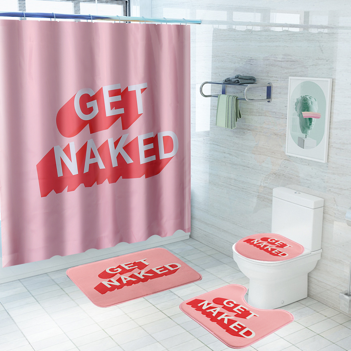 ShowerCurtainSetBathroomNon-SlipToiletMatCoverRugPink-1800120-1