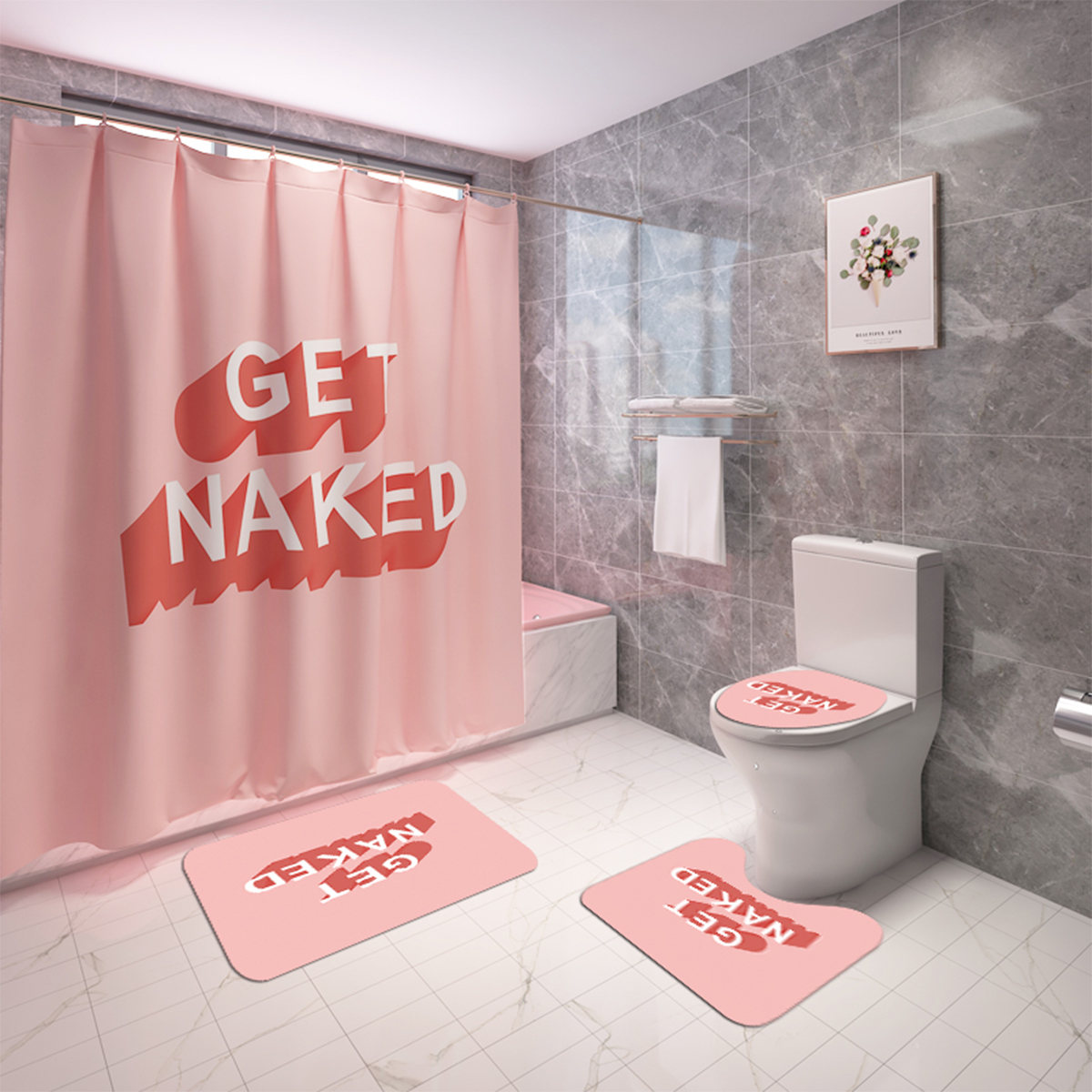 ShowerCurtainSetBathroomNon-SlipToiletMatCoverRugPink-1800120-2