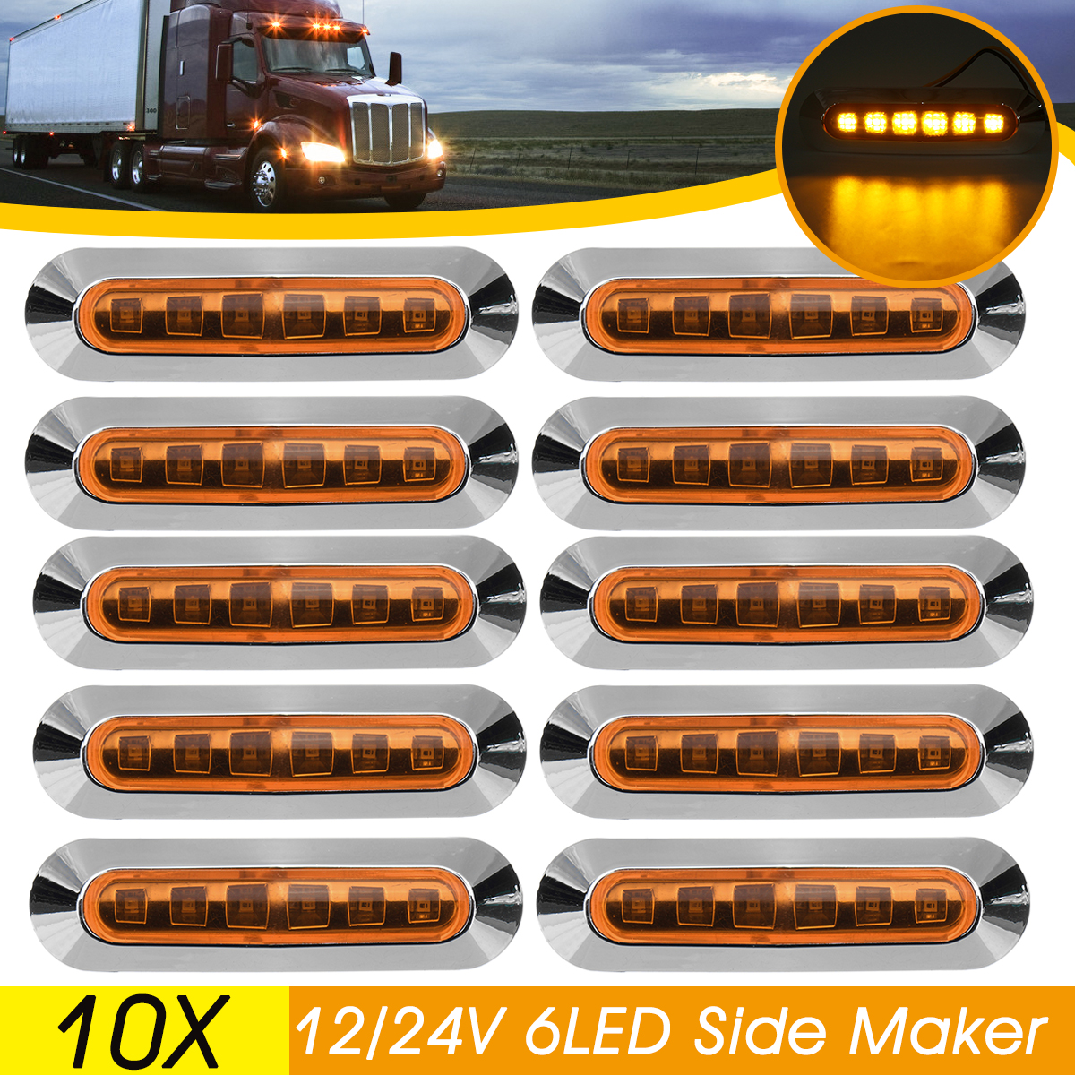 10PCS12V24V6LEDSideMarkerLightsLampAmberforTruckTrailerCaravanLorryVan-1825287-1