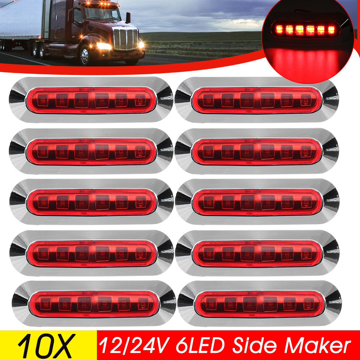 10PCS12V24V6LEDSideMarkerLightsLampRedforTruckTrailerCaravanLorryVan-1825290-1