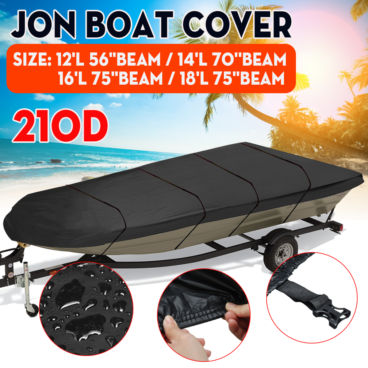 12ft14ft16ft18ftJonBoatCover210DBlackWaterproofSunProtection-1873729-1