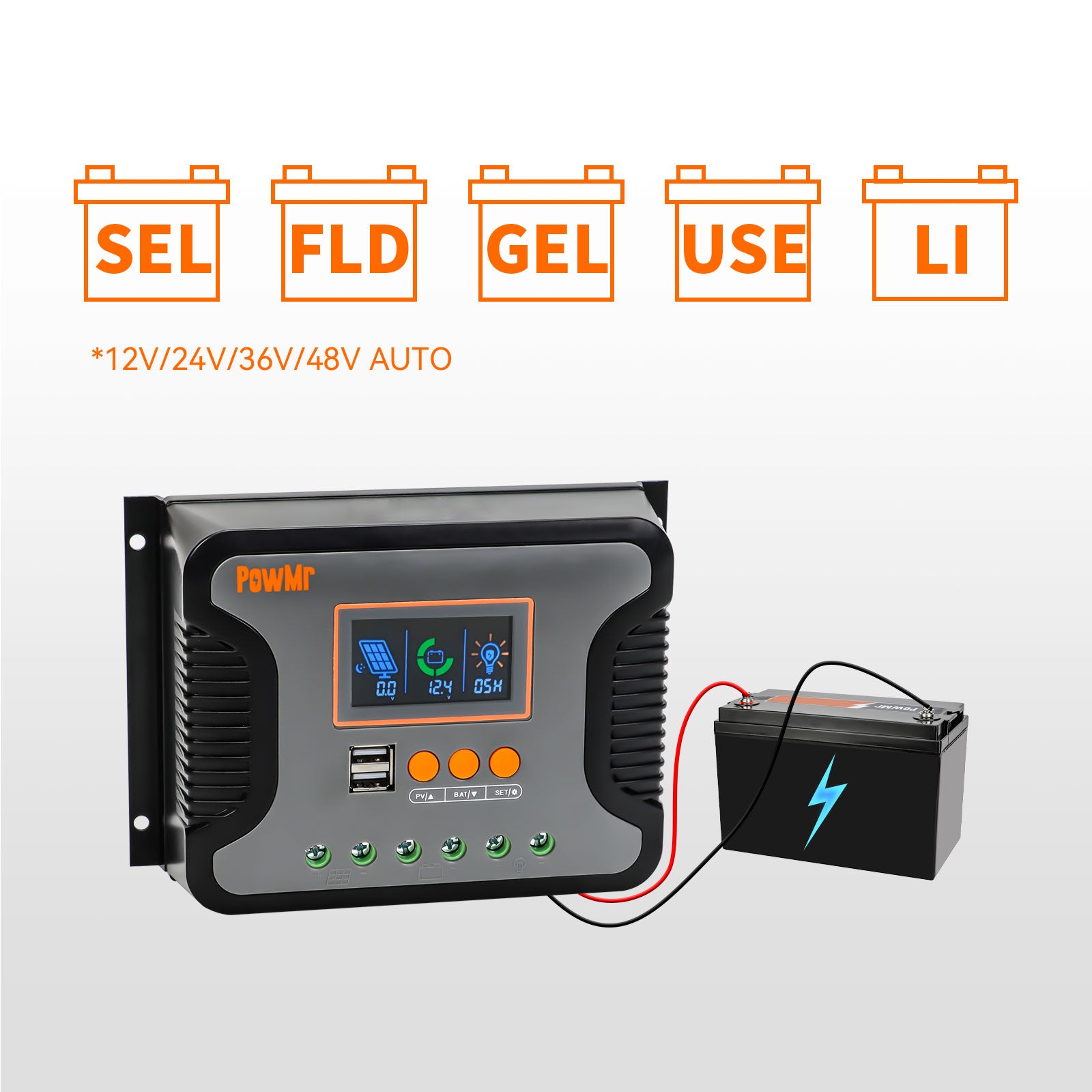 PowMr12V24V36V48VAutoPWM80A60A30ASolarChargeControllerLead-AcidLithiumBatteryChargerMaxPV100VDualCon-2008921-1