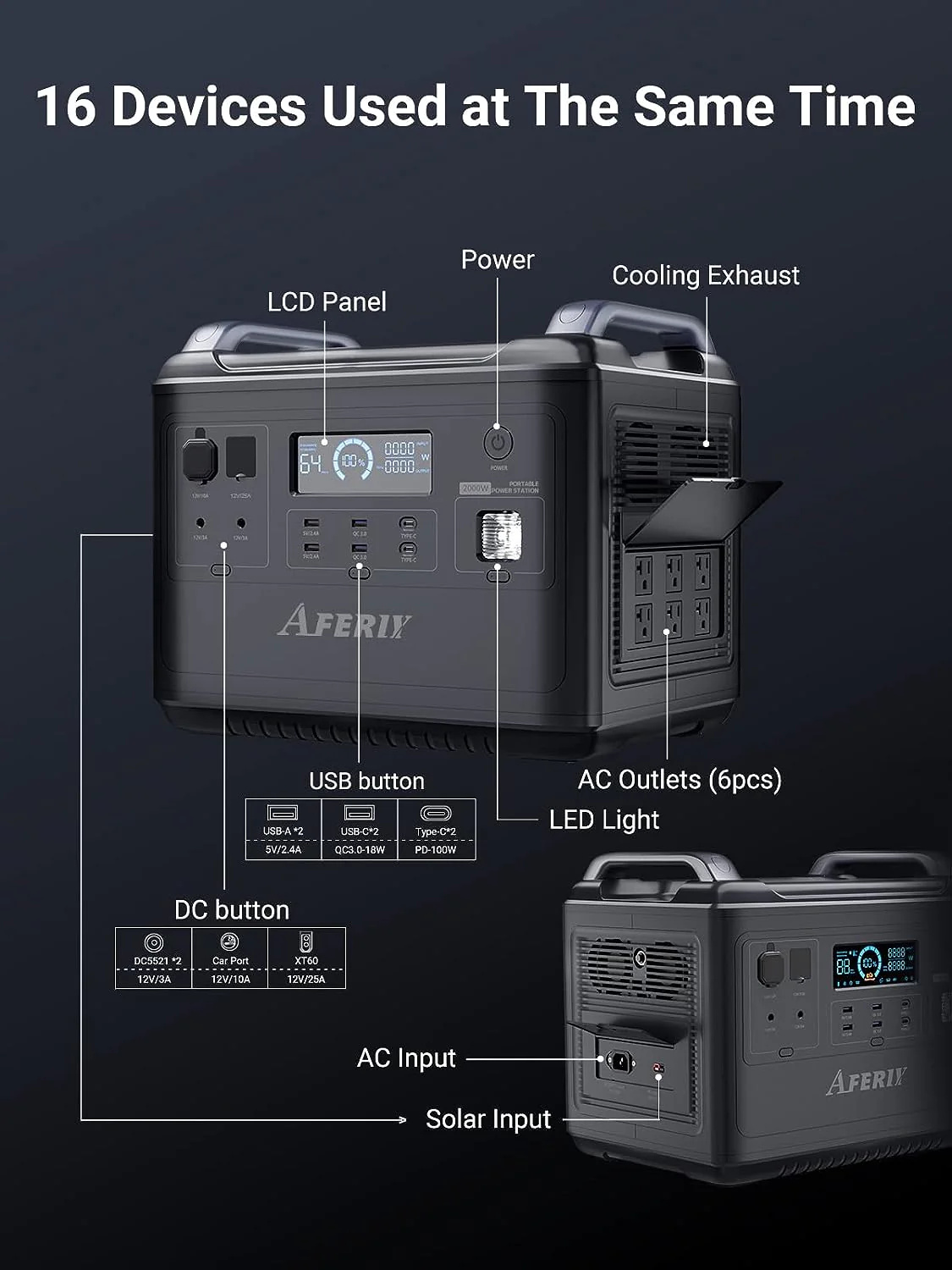 UKDirectAferiy2001A2000W1997WhLiFePO4PortablePowerStation624000mAhUPSPureSineWave16OutputPortsCampin-1999782-4