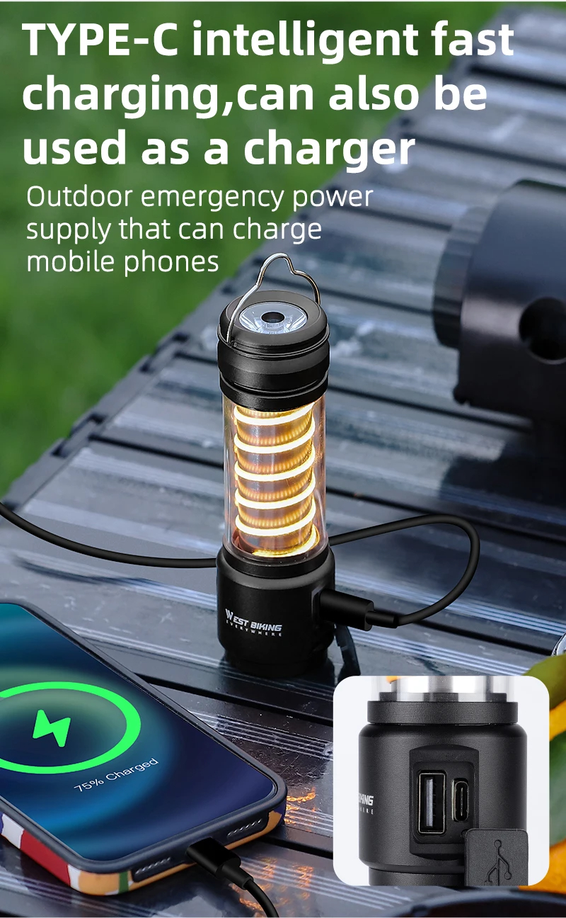 WESTBIKINGPortableCampingLight3In1MultifunctionalOutdoorLEDFlashlightUSBChargingEmergencyLampHanging-2009915-10