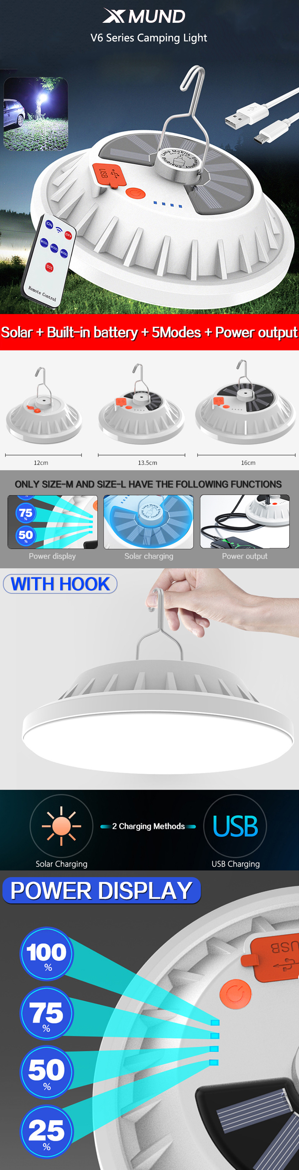 XMUND2in1300WSolarLEDCampingLightRemoteControlTentLightHangFishingNightLightEmergencyWorkLampPowerBa-1959813-1