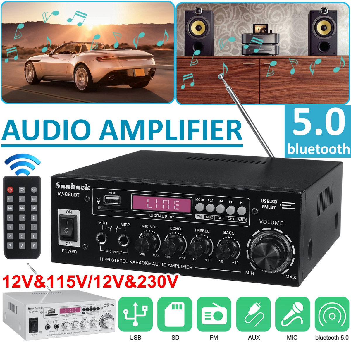 SunbuckAV-660BT2000Wbluetooth50AudioPowerAmplifierEQStereoAMPCarHome2CHAUXUSBFMRadio-1748941-2