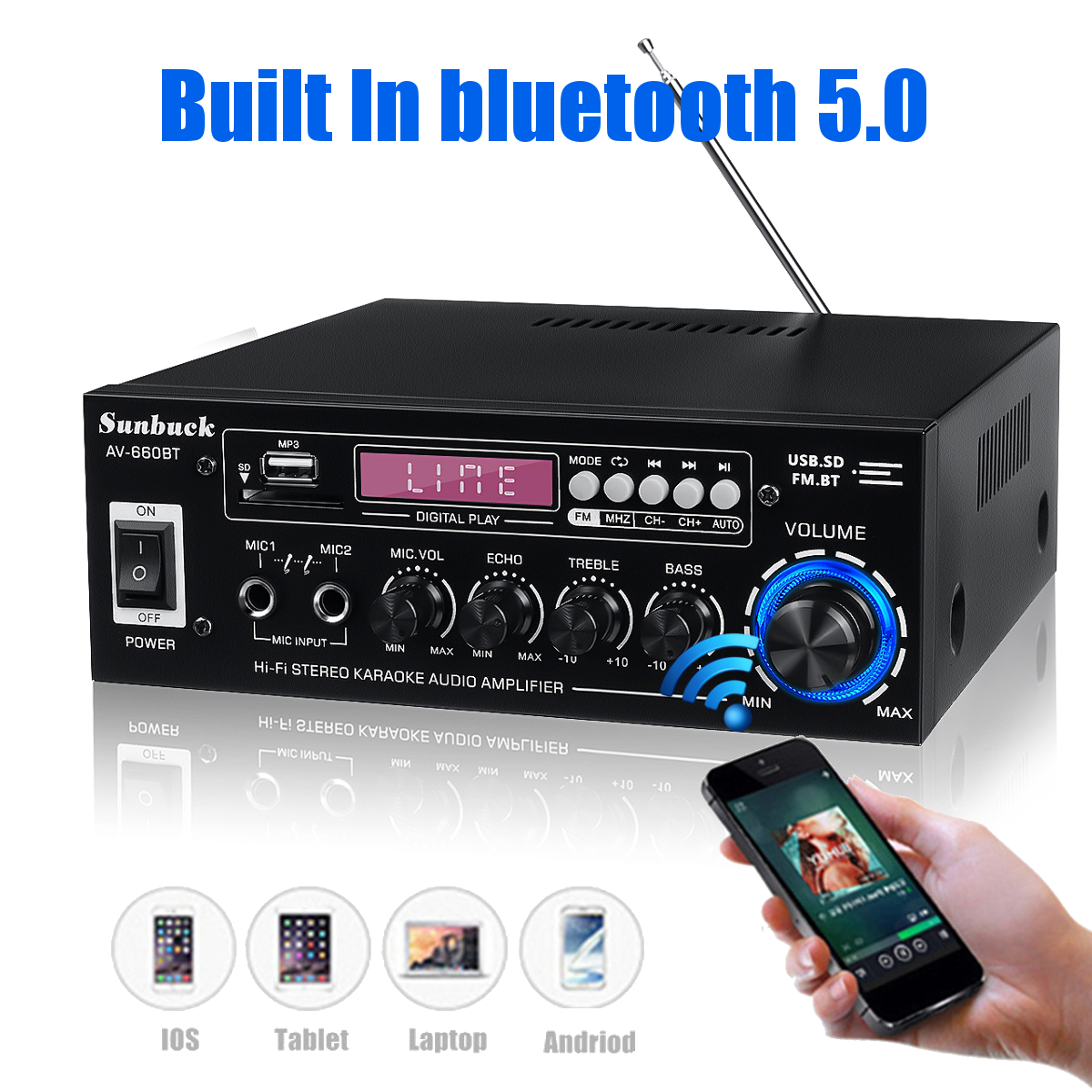 SunbuckAV-660BT2000Wbluetooth50AudioPowerAmplifierEQStereoAMPCarHome2CHAUXUSBFMRadio-1748941-3