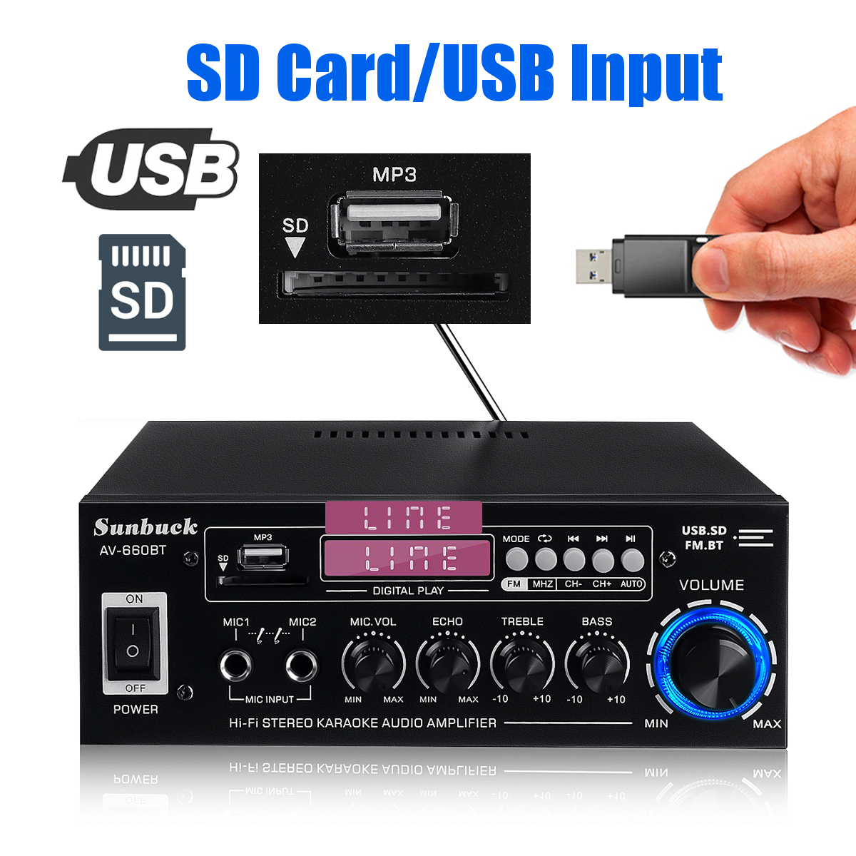 SunbuckAV-660BT2000Wbluetooth50AudioPowerAmplifierEQStereoAMPCarHome2CHAUXUSBFMRadio-1748941-5