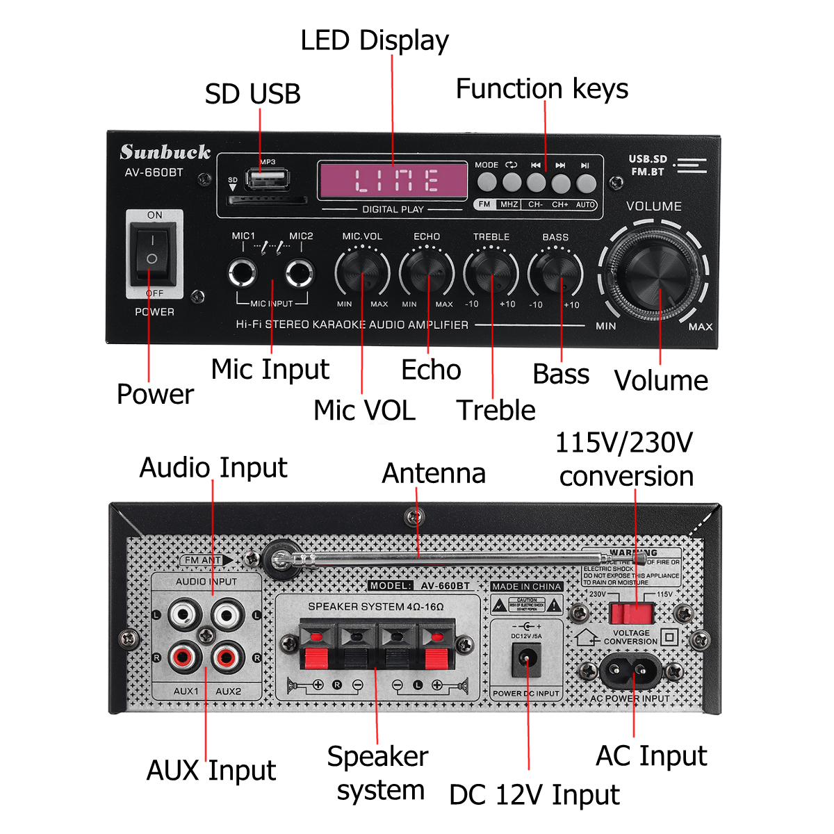 SunbuckAV-660BT2000Wbluetooth50AudioPowerAmplifierEQStereoAMPCarHome2CHAUXUSBFMRadio-1748941-8