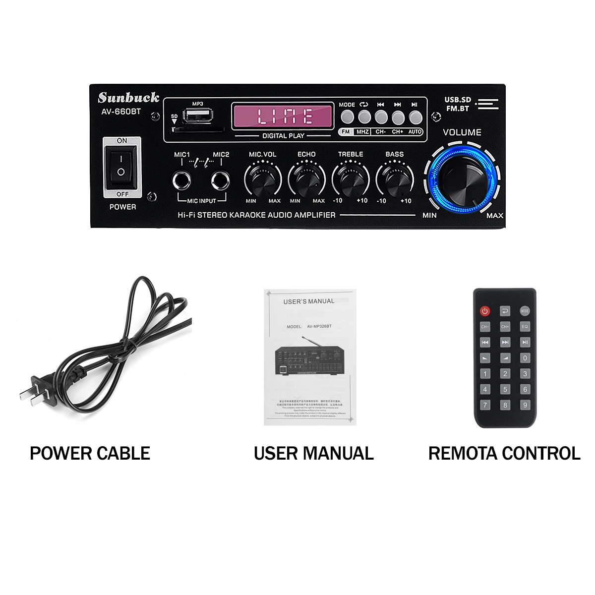 SunbuckAV-660BT2000Wbluetooth50AudioPowerAmplifierEQStereoAMPCarHome2CHAUXUSBFMRadio-1748941-10