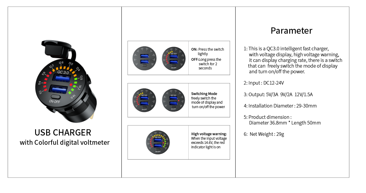 12-24VDualUSBCarChargerSocketPortWithColourfulDigitalVoltmeterQC30FastChargingBusTrailerBoats-1736298-13