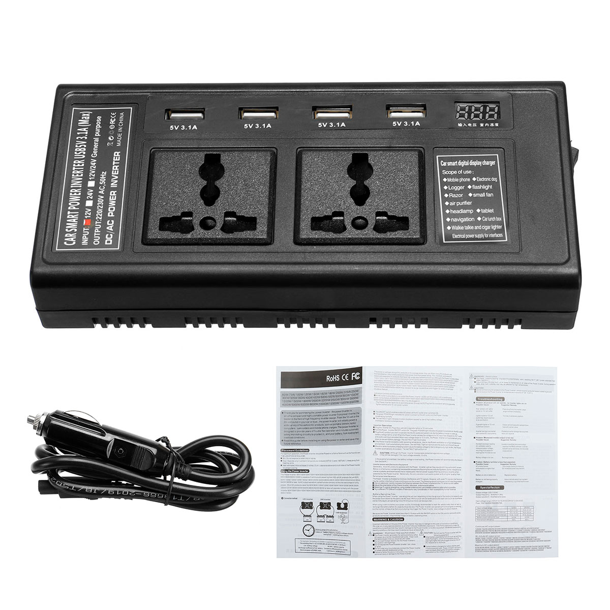 200W12VTo220VDCACCarPowerInverterwith4USB2UniversalSocketIndependentSwitchVoltageDigitalDisplay-1983009-1