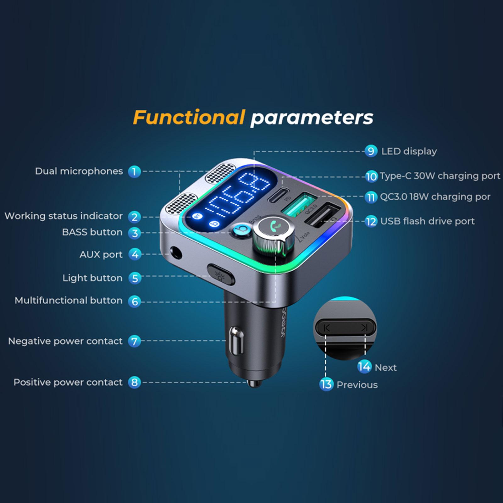 48WCarbluetooth50TransmitterwithDualMicLEDDisplayQC30PDPPSFastChargerBASSHi-FiAUXWirelessHands-FreeC-1984020-7