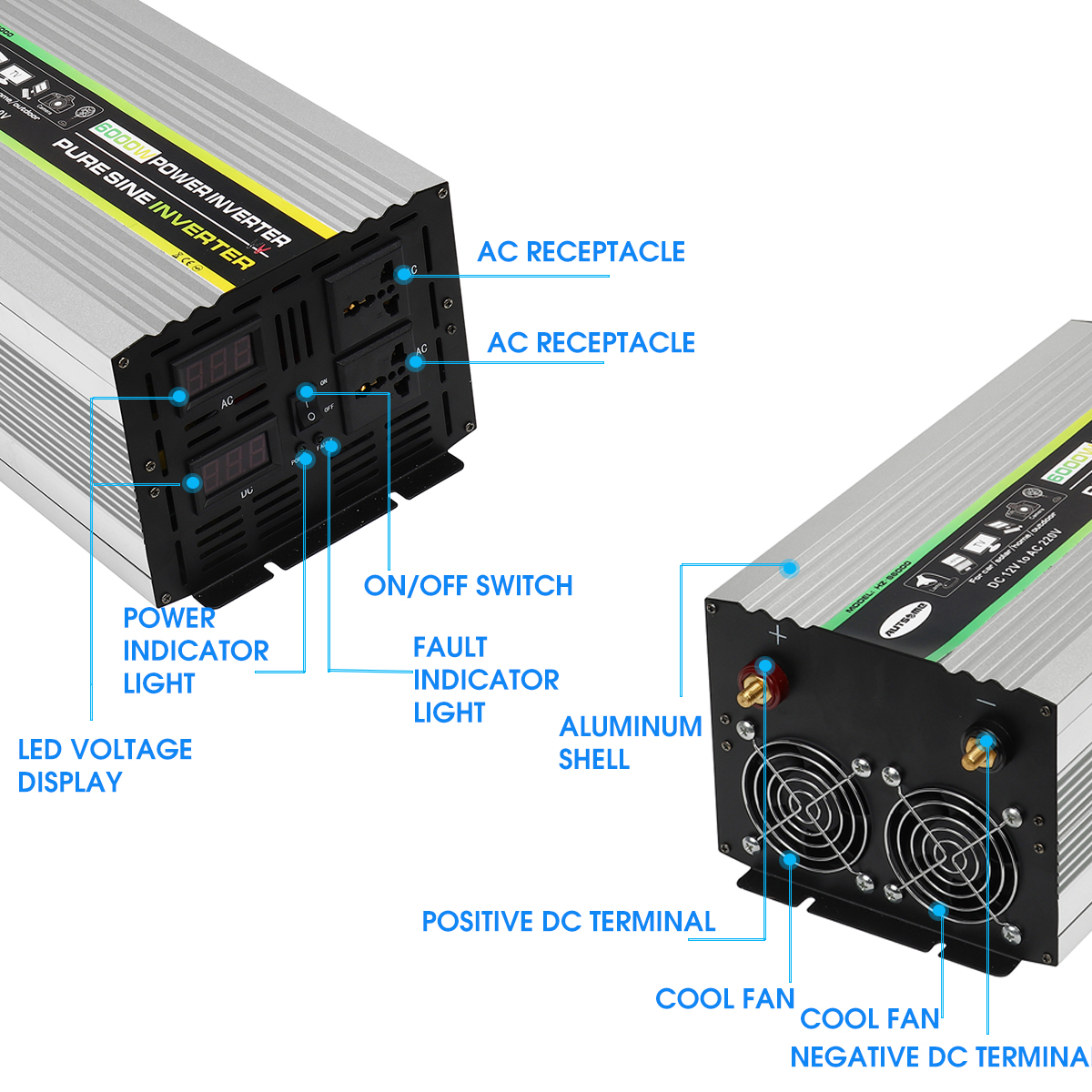 AUTSOME12Vto220VConverterPureSineWavePowerInverterDualLCDDigitalDisplay2SocketsMultipleProtectionFun-2007701-4