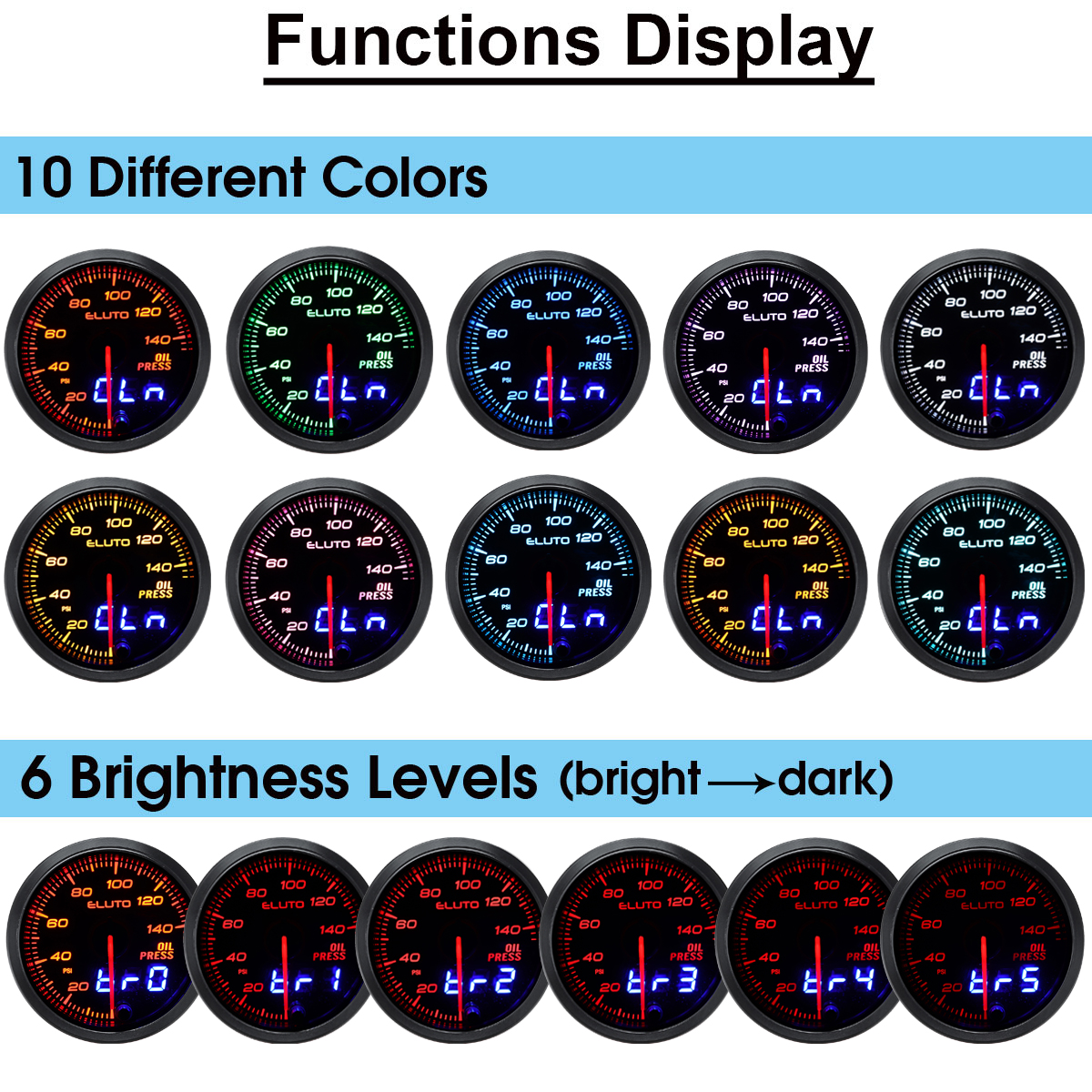 ElutoUniversal252mm12VOilPressureGaugeMeterWithSensor10ColorLEDTintedFacePSI-1684491-3